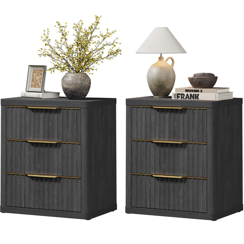 Table de chevet à 3 tiroirs avec glissières en métal Cesiro, Ensemble de 2, Aulne gris foncé