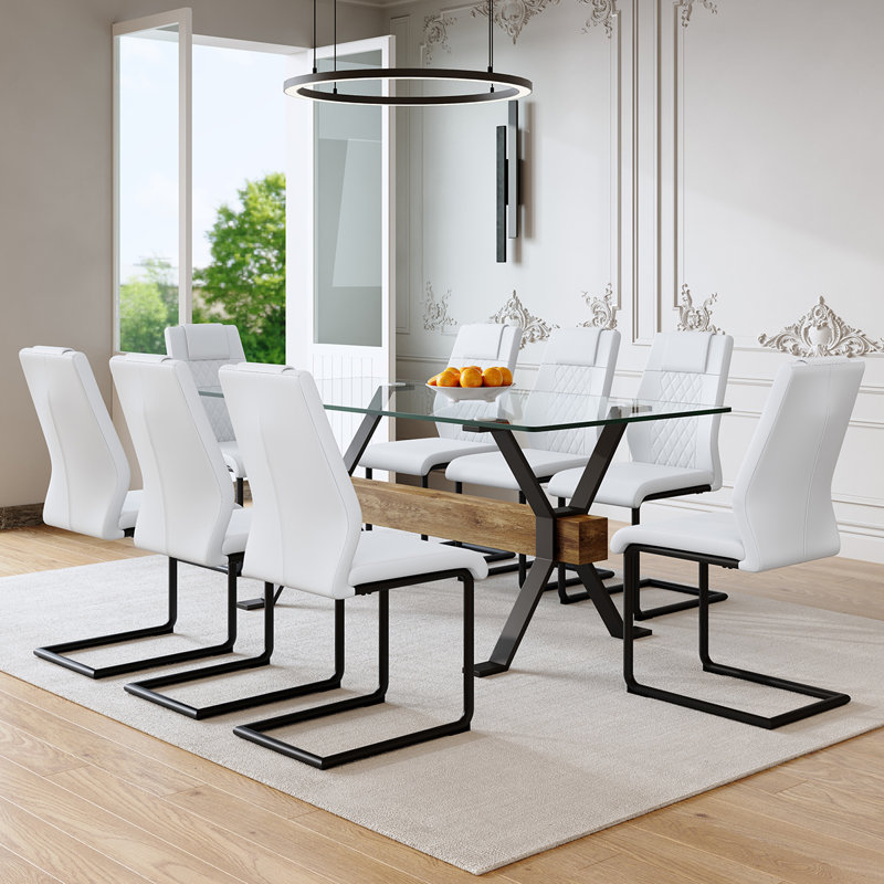 Ensemble de salle à manger 9 pièces, table de salle à manger en verre 71 po avec chaises rembourrées, White