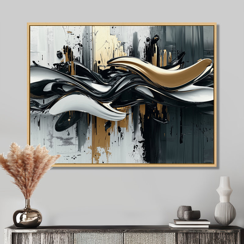 «Widger Goldern Black Shifting Ink Waters I», reproduction d'art sur toile encadrée transitionnelle, H 16 po x l 32 po