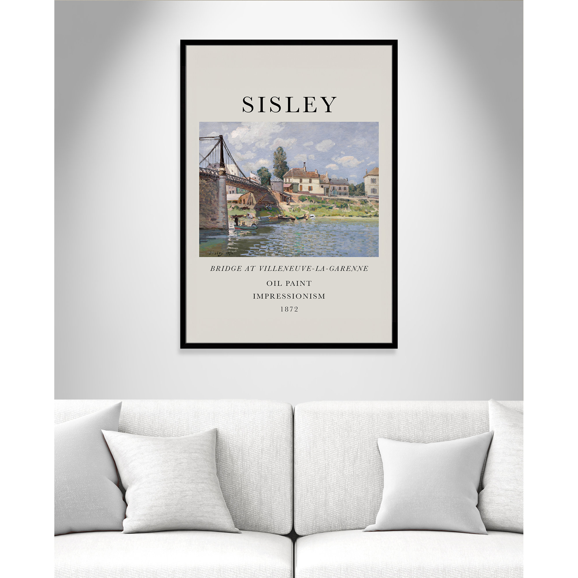 Old Masters Collection " The Bridge At Villeneuve " by Alfred Sisley, Black Single Picture Frame, No, 55" H x 39" W x 1.25" D