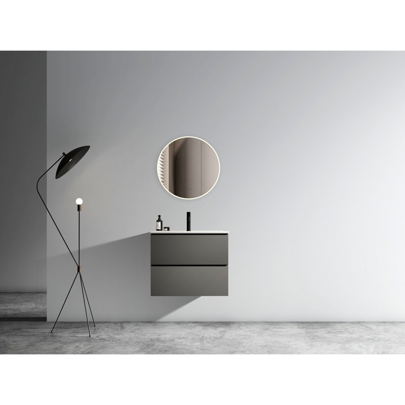 Modern Bathroom Vanity, 24" Wall Mount, Space Grey Hue, Ceramic Sink, Considerable Cabinet And Drawer Storage, Silent Drawers Sink Ceramic, Abundant Pre-Assembled,