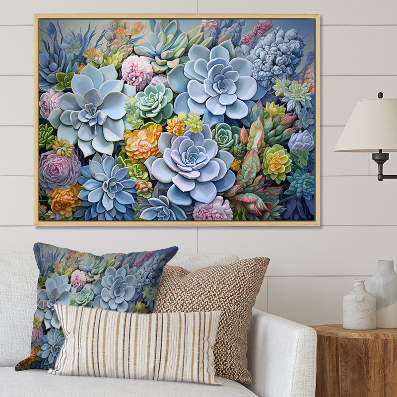 «Blue Succulent Dessert Charm» sur toile, Cadre naturel flottant, H 24 po x l 32 po