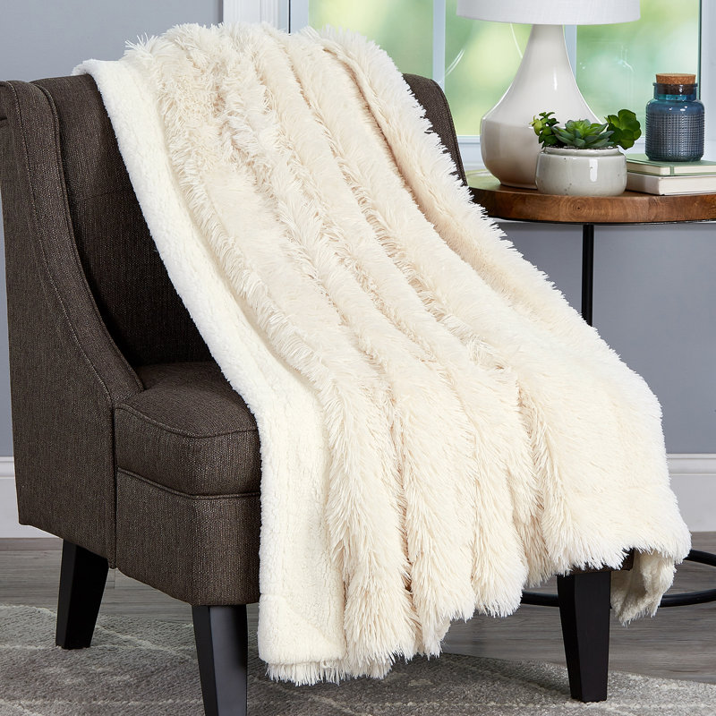 LHC Faux Fur Blanket- Hypoallergenic Faux Rabbit Fur Couch Throw for Sofas and Beds, Ivory
