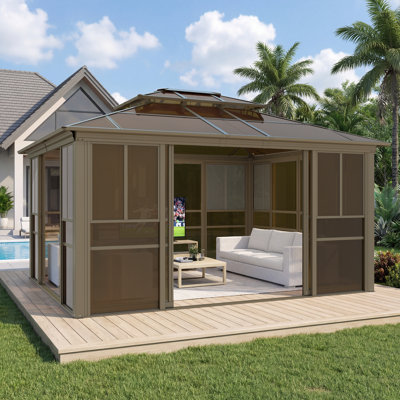 14 ft. W x 12 ft. D Outdoor Sunroom Gazebo – All-Season Aluminum Solarium with Ventilated PC Double Roof, Sliding Doors, and Adjustable Screen Windows for Patio, Deck & Hot Tub