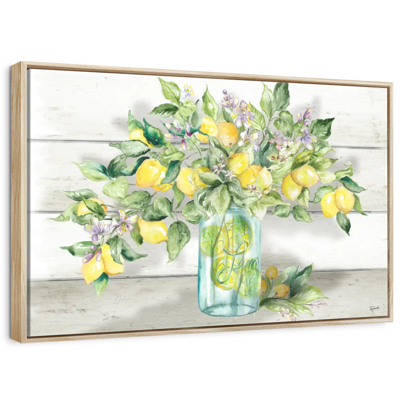 Aquarelle de citrons dans un pot Mason, Cadre flottant en bois naturel, 46 po x 31 po