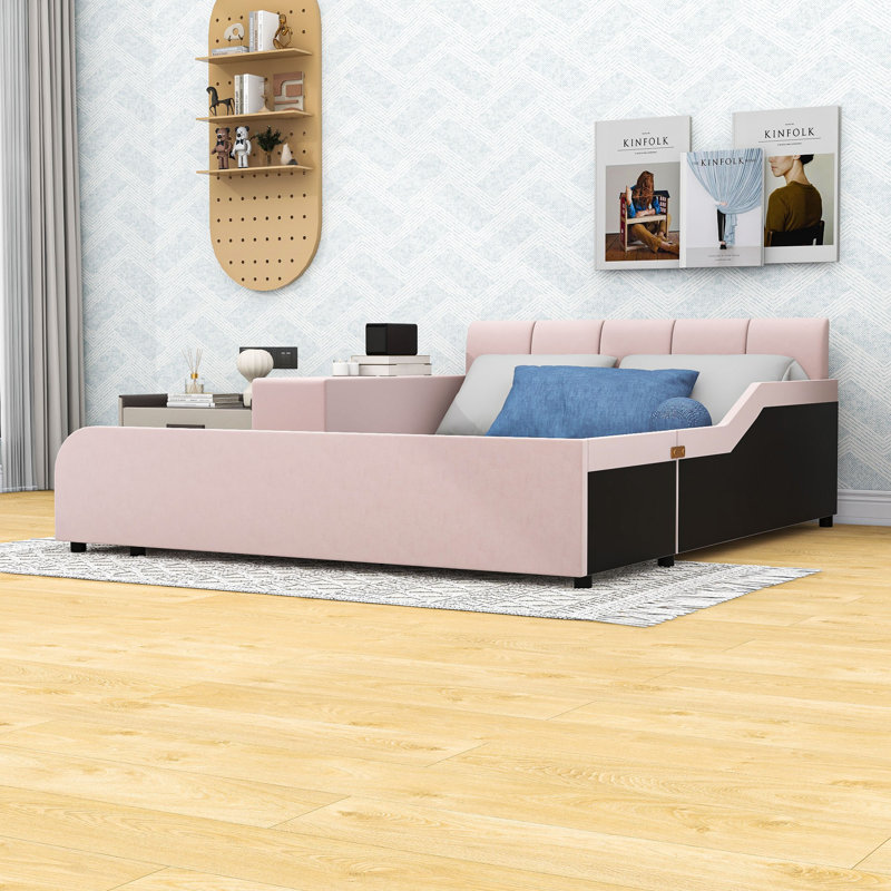 Lit plateforme en velours avec bureau Wakeeny, Double, Rose