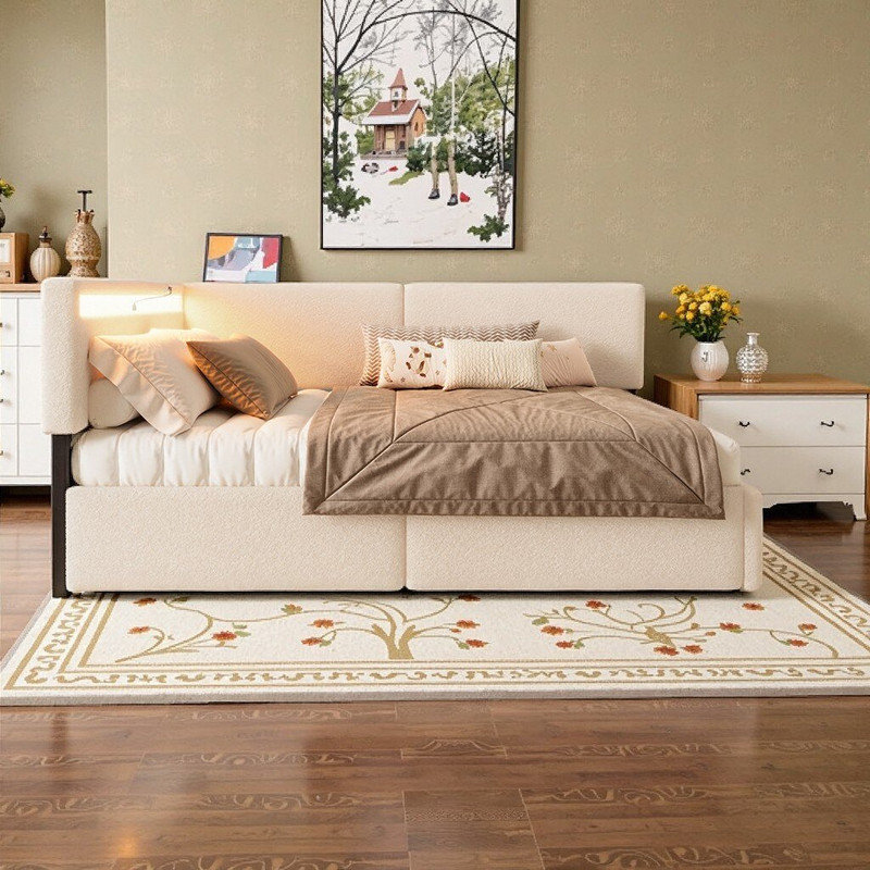 Twin Size Upholstered Bed Frame With Storage Drawers, LED Lighting, USB Charging, Solid Wood Support, Twin