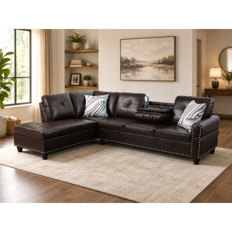Brown Faux Leather 2-Piece Sectional Sofa Set, Brown Faux Leather