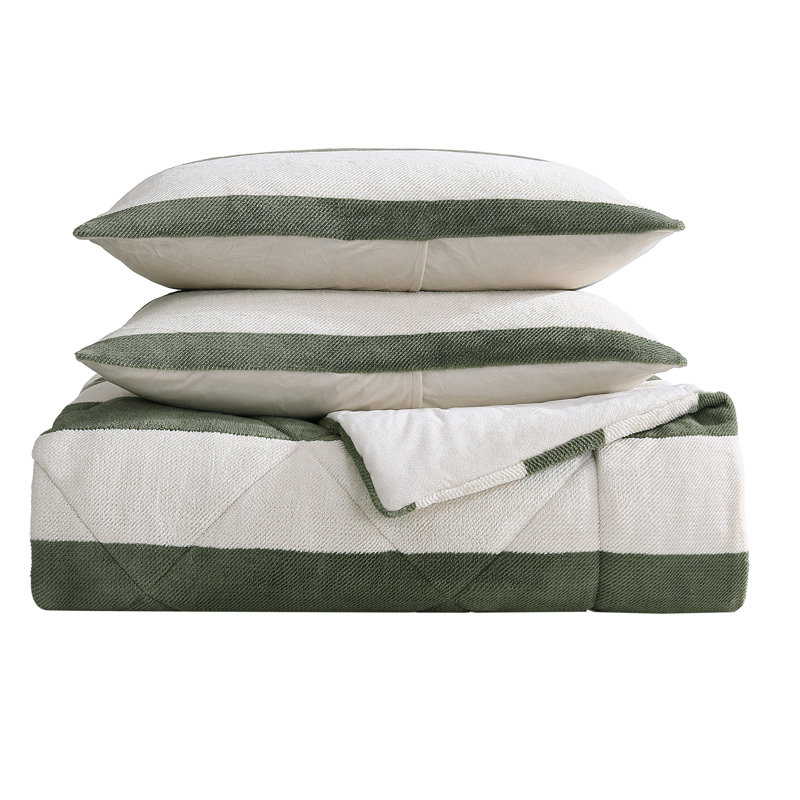 Nautica Lawndale Plush Reversible Comforter Set, King Comforter + 2 King Shams, Brown Striped