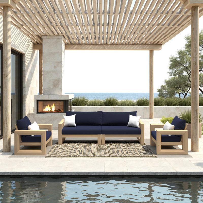 Benson 3 Piece Sunbrella® Outdoor Patio Seating Set  - Navy Blue, Navy Blue/White