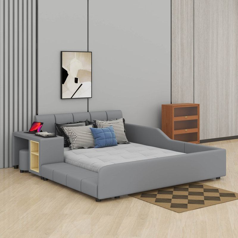 Lit tapissier pour lit mère et enfant avec bureau de chevet et petit tabouret rond, structure de lit plateforme en bois, Gris