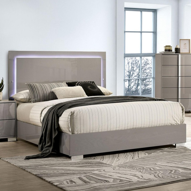 Lit contemporain avec tête de lit à DEL, Taupe, Grand lit
