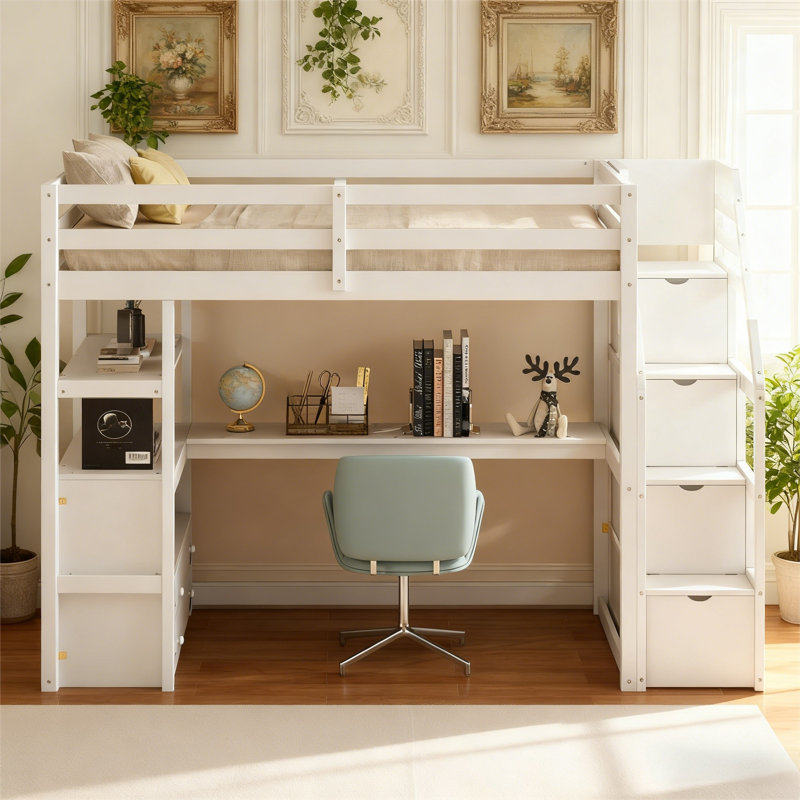 Lit mezzanine en bois massif avec bureau, tablettes, escalier de rangement et deux tiroirs intégrés, Simple, Blanc