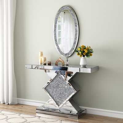 Amla 47.25" Mirrored Console Table and Wall Mirror Set Crushed Diamond Home Decor 