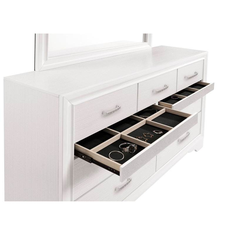 Très grand lit 4 chambres avec finition en bois blanc, style glamour et sophistiqué, système de lattes de rangement pour lit, poignées en cristal de la commode