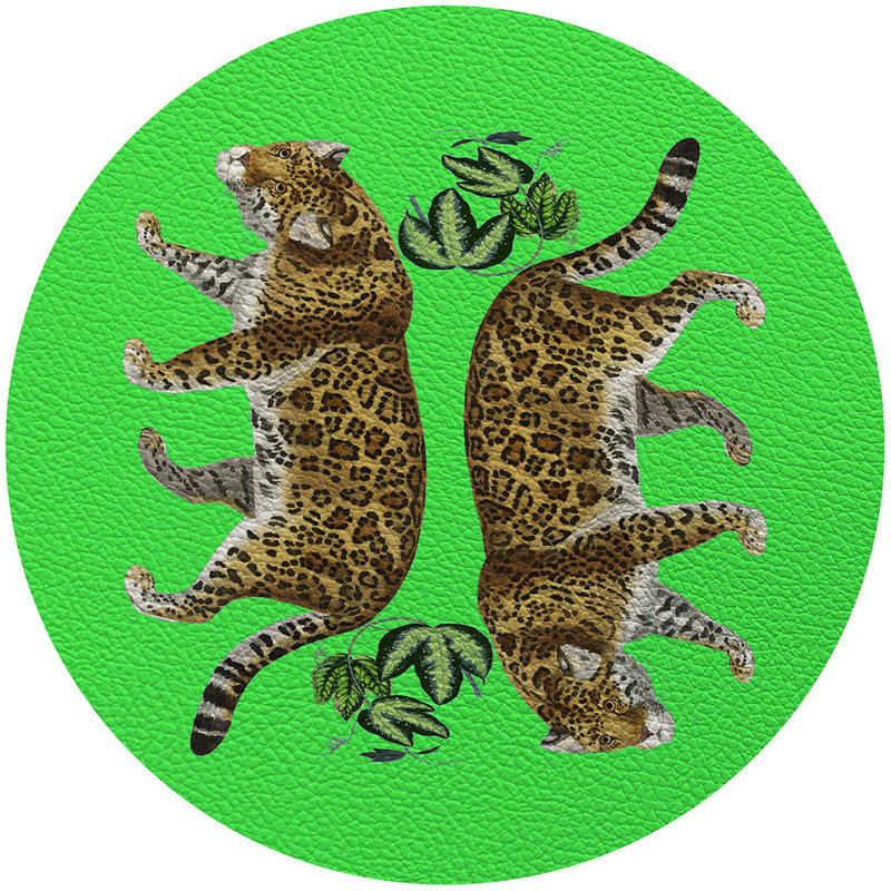 Leopard Seeing Double Hot Vegan Leather Round Pebble Placemat, Hot Green