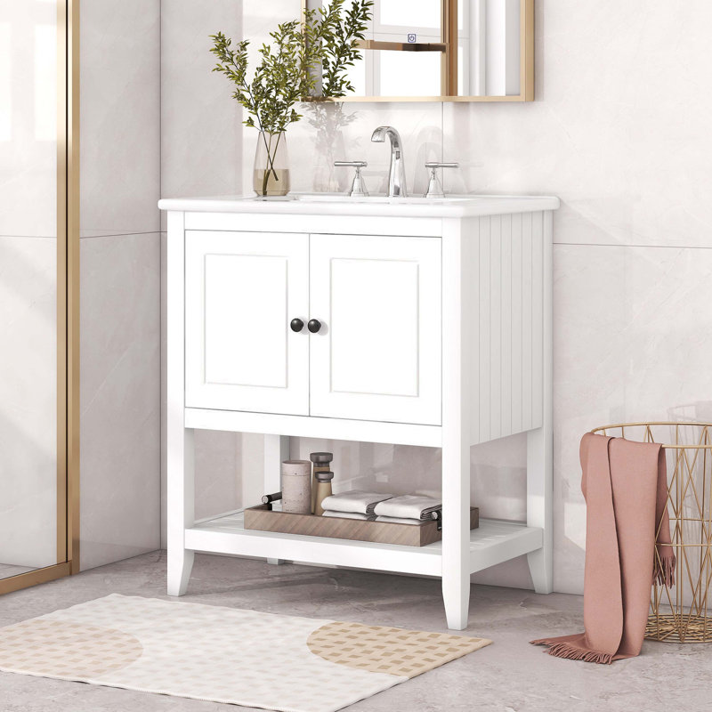 White 30" Modern Bathroom Vanity with Ceramic Sink and Solid Wood Frame