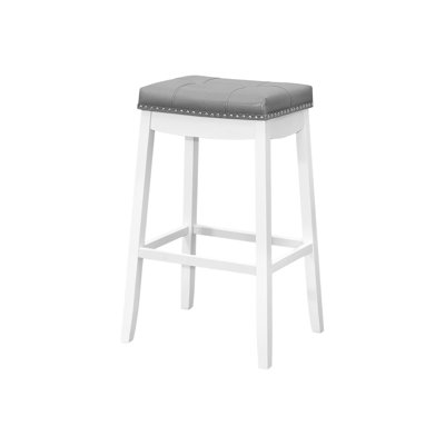 2 Bar Stool , Height Saddle Seats, Gray Leather Look Upholstery On White Wood, Cushioned For Extra Comfort, Legs  2 , Wood With Leather-Like Covering, Soft Padded Cushions, Build