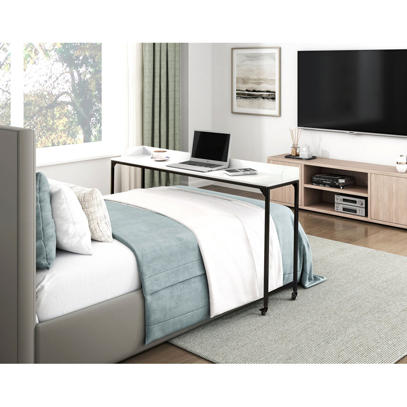Multipurpose Over The Bed Desk With Adjustable Height, Metal Legs With Casters, Overbed Table 1Pc, Laptop Table For Bed, Breakfast Table