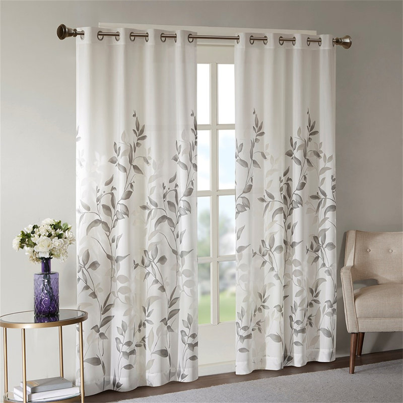 Paire de rideaux Burnout à motif botanique, Blanc / Gris, L 50 po x L 95 po