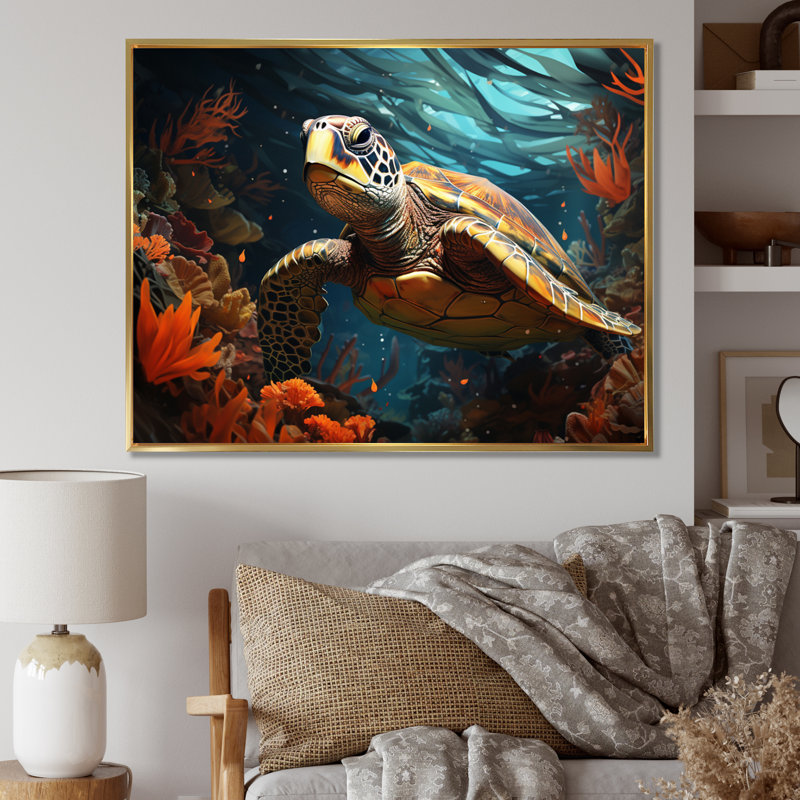 «Turtle Aquatic Wanderer», impression géométrique sur toile, H 24 po x l 32 po x P 1 po, Cadre flottant doré