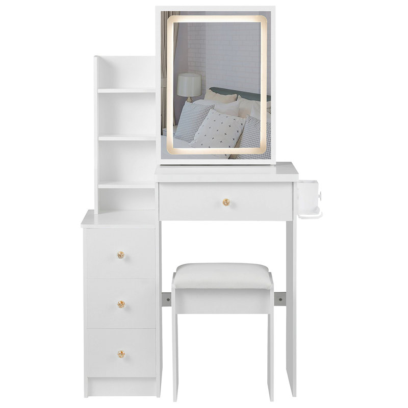 Petite coiffeuse 29,2 po avec tabouret de chevet gauche + tabouret rembourré, 2 blocs d'alimentation CA + 2 ports USB, support pour sèche-cheveux, très grand miroir à DEL coulissant à contrôle tactile, changement de couleur tricolore, réglage de la luminosité