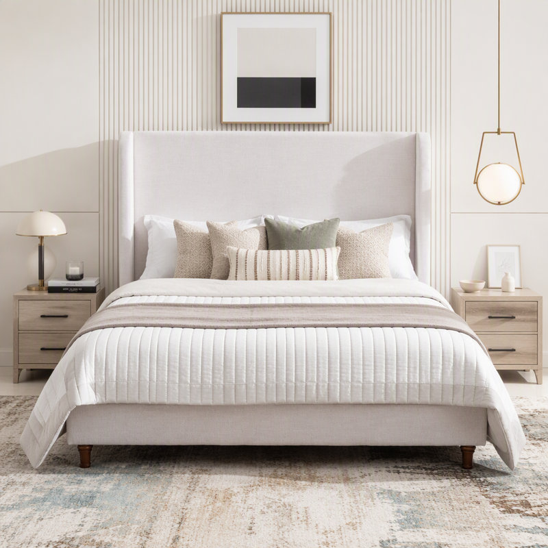 Lit tapissier avec tête de lit haute de 54 po et toile ivoire texturée, King, Ivory+Canvas