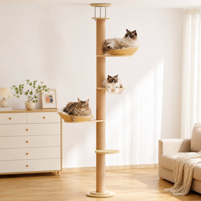 4-level Adjustable Solid Wood Floor-style Cat Scratching Tree - Sisal Rope Wrapped Scratcher For Adult Large Cats