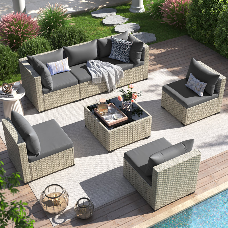 7 Pieces Rattan Patio Conversation Sets With Cushions, Gray
