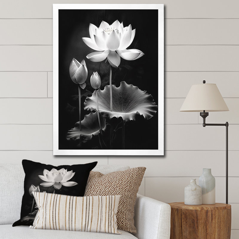 Symphonie de lotus gris gris I, Cadre simple blanc, H 40 po x l 30 po x P 1,5 po