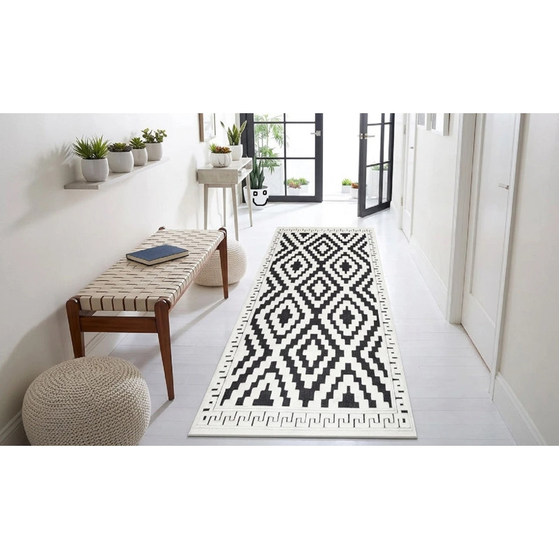 Geometric Kilim Area Rug, Black Cream, Runner 60 cm x 220 cm