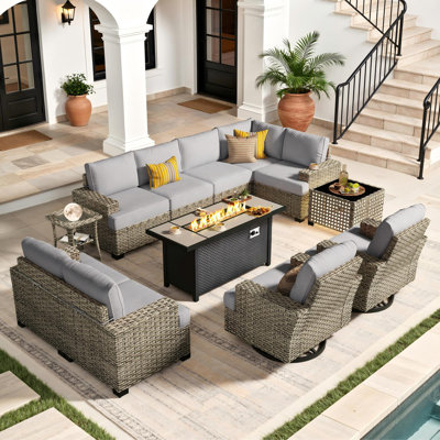 Outdoor Wicker 9 Person Modular Sectional Patio Seating Group With Swivel Rocking Chairs And Fire Pit Table