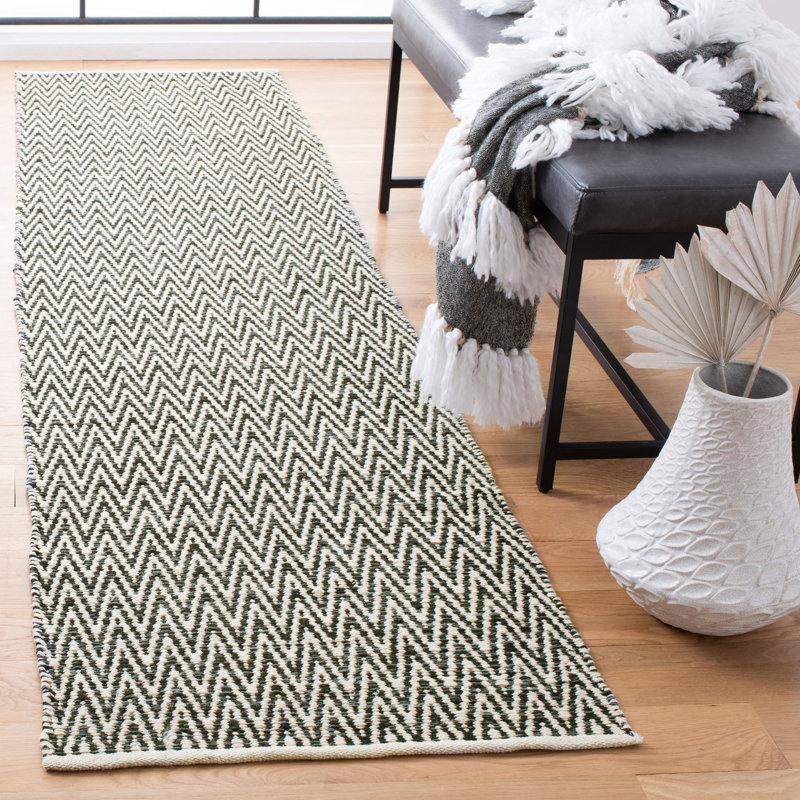 Tapis ivoire / gris foncé en coton tissé à plat à la main Alphy, Tapis de couloir 2 pi 3 po x 9 pi