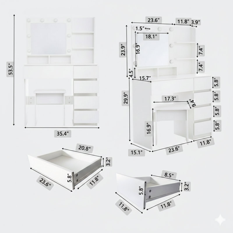 Vanity Set, A Makeup Vanity Desk With Mirror And Light. This Dressing Table Offers Extensive Storage, Three Lighting Modes With Adjustable Brightness, In White And Includes A Stool.