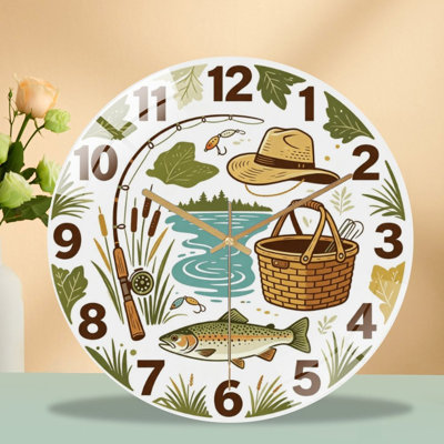 12-Inch Silent Tempered Glass Wall Clock, " Fishing Clock Face ” Silent Non-Ticking Clock, Battery Operated (AA Batteries Not Included), Artistic Home Decor