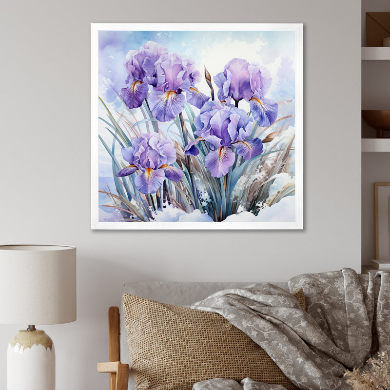 Mauve iris en hiver sur toile, H 24 po x l 24 po x P 1 po, Cadre simple blanc