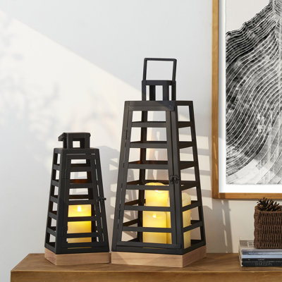 22.75''H Modern Tabletop Trapezoid Metal/Wood Lanterns
