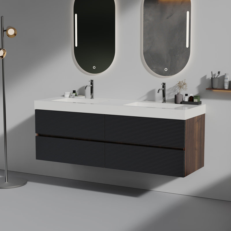 Meuble-lavabo mural avec surface solide et 4 tiroirs à fermeture en douceur, Noyer foncé, 60", Blanc
