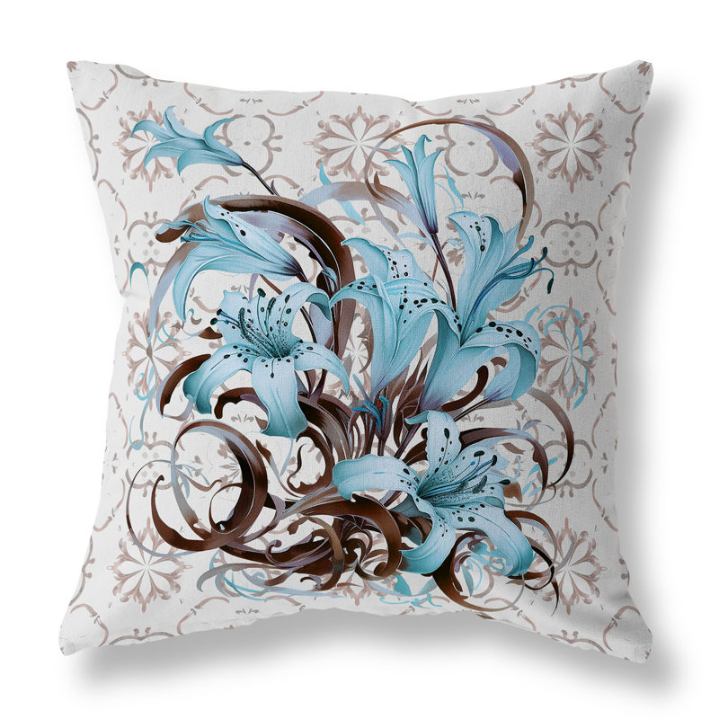 Coussin décoratif intérieur / extérieur Lily Legends, H 16 po x l 16 po, Bleu / brun / ciel