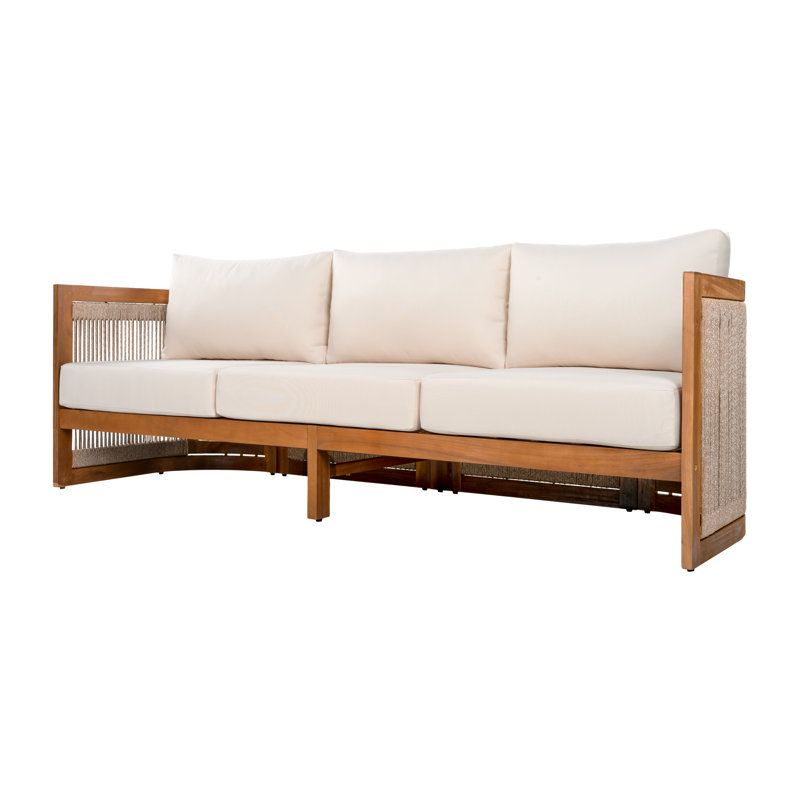Canapé de patio moderne en bois d'acacia à 3 places de 76,77 po de largeur avec conception de baignoire courbée et détails en corde tissée