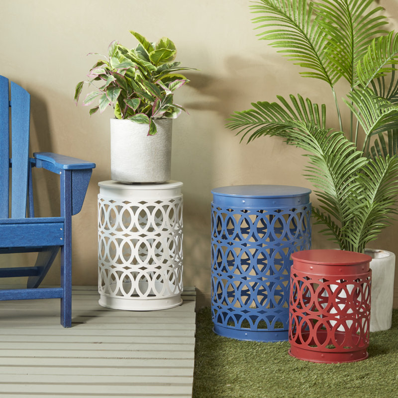 Metal Indoor Outdoor Nesting Side End Accent Table with Carved Trellis Design, Blue/White/Red