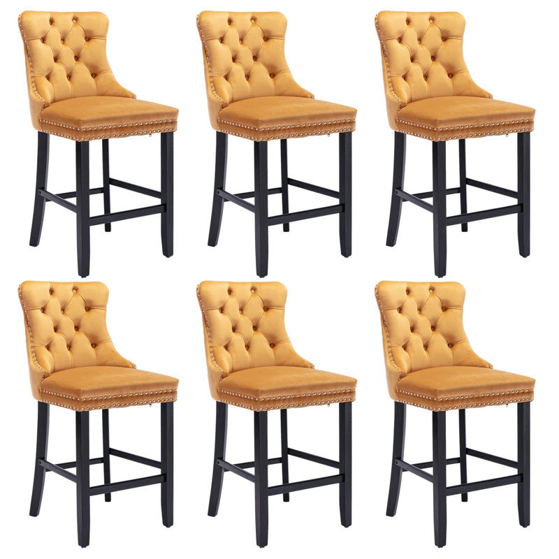 Tabouret de bar rembourré en velours avec dossier capitonné, 6, Noir, Jaune