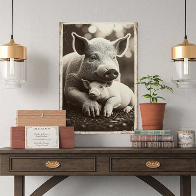 Canvas Wall Art Mom & Baby Pig, Cute Animal Family Wall Art 2-1 Vintage Poster Print Home Decor