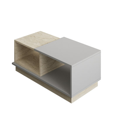 Modern Coffee Table with Numerous Shelves, Travertine & Grey Finish, 35.4 x 14.2 x 15.8 Inches | 100% Melamine Coated Particle Board, Thickness: 0.7 Inches | Stylish & Functional Storage Solution for Your Living Room