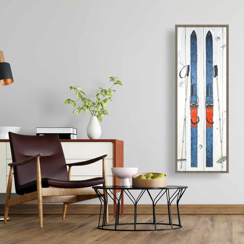 Toile de ski rétro bleue - art mural encadré bleu pour le salon, H 49,25 po x l 17,25 po