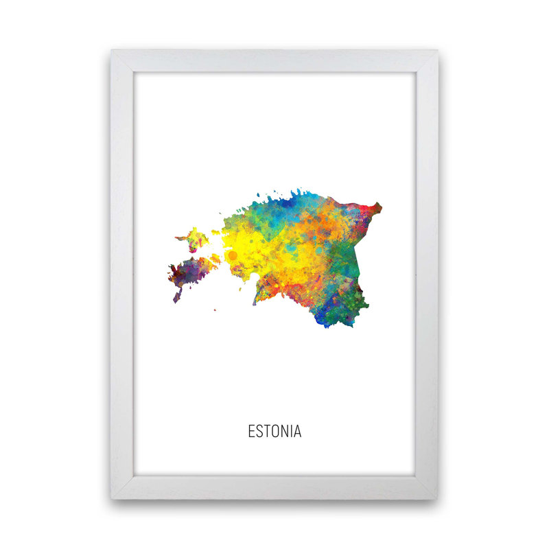 Estonia Watercolour Map by Michael Tompsett - Print, White Framed, 63cm H x 46cm W x 3cm D