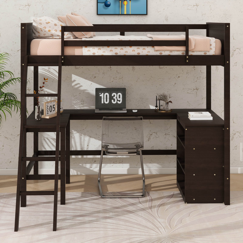 Lit mezzanine simple avec tablettes et bureau, lit mezzanine en bois avec bureau, Espresso