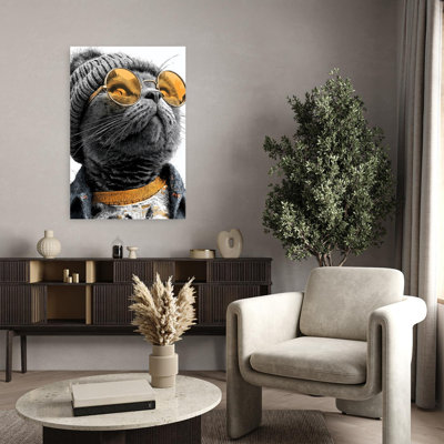 Cool Cat With Sunglasses Retro Cat Portrait Urban Wall Art Print 1 Piece Wrapped Canvas Wall Art