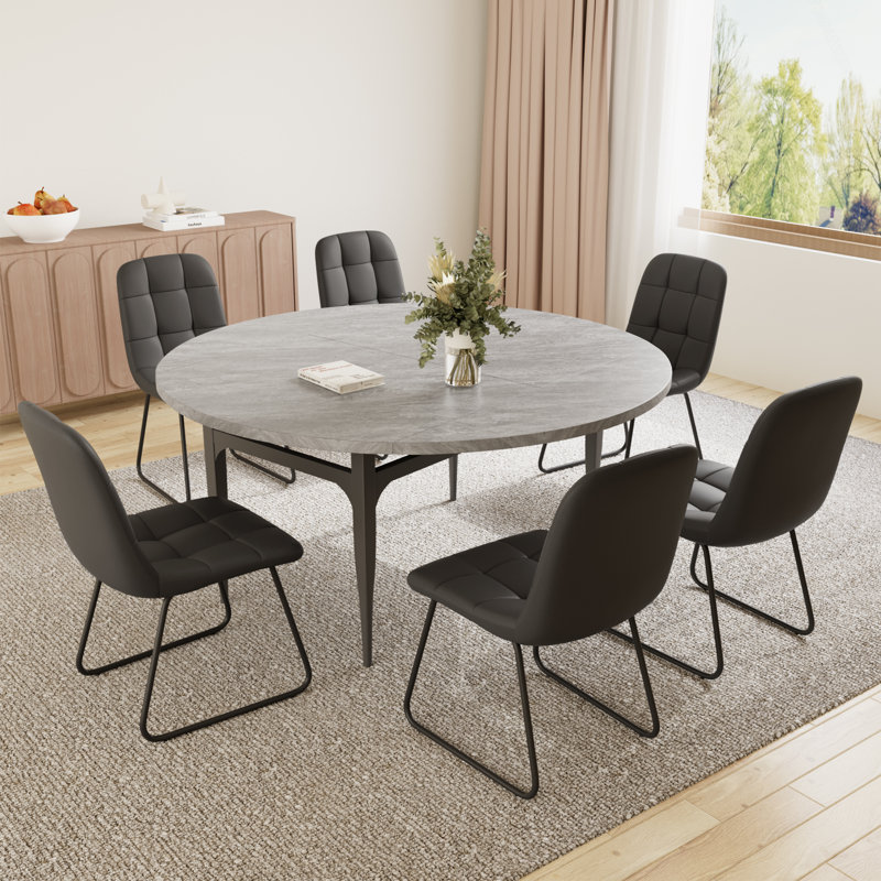 55.1'' Round Dining Table Set, Modern Kitchen Table For 4-6 Person, Steel Legs, Pedestal Dining Set With Dining Chair, Saving Space