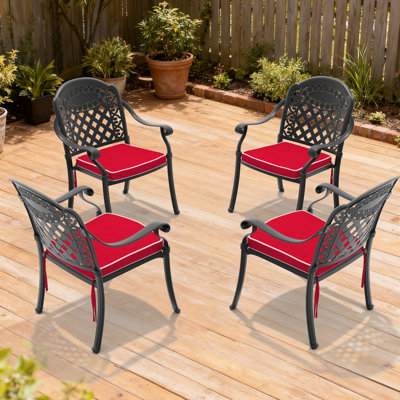 4 chaises de patio en fonte d'aluminium avec cadre noir, coussins rouges, lignes exquises et motifs de pétales, revêtement, accoudoirs confortables, empilable pour économiser de l'espace, nylon Pa66 résistant aux intempéries